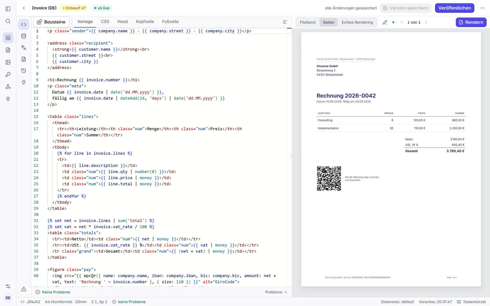 Video des Formfeed-Editors: Die Rechnung wechselt auf einen Datensatz mit 36 Positionen, die Seitenvorschau setzt sie auf einer zweiten Seite fort, die wieder mit dem Tabellenkopf beginnt, und ein Klick auf Rendern liefert das PDF mit denselben Seiten.