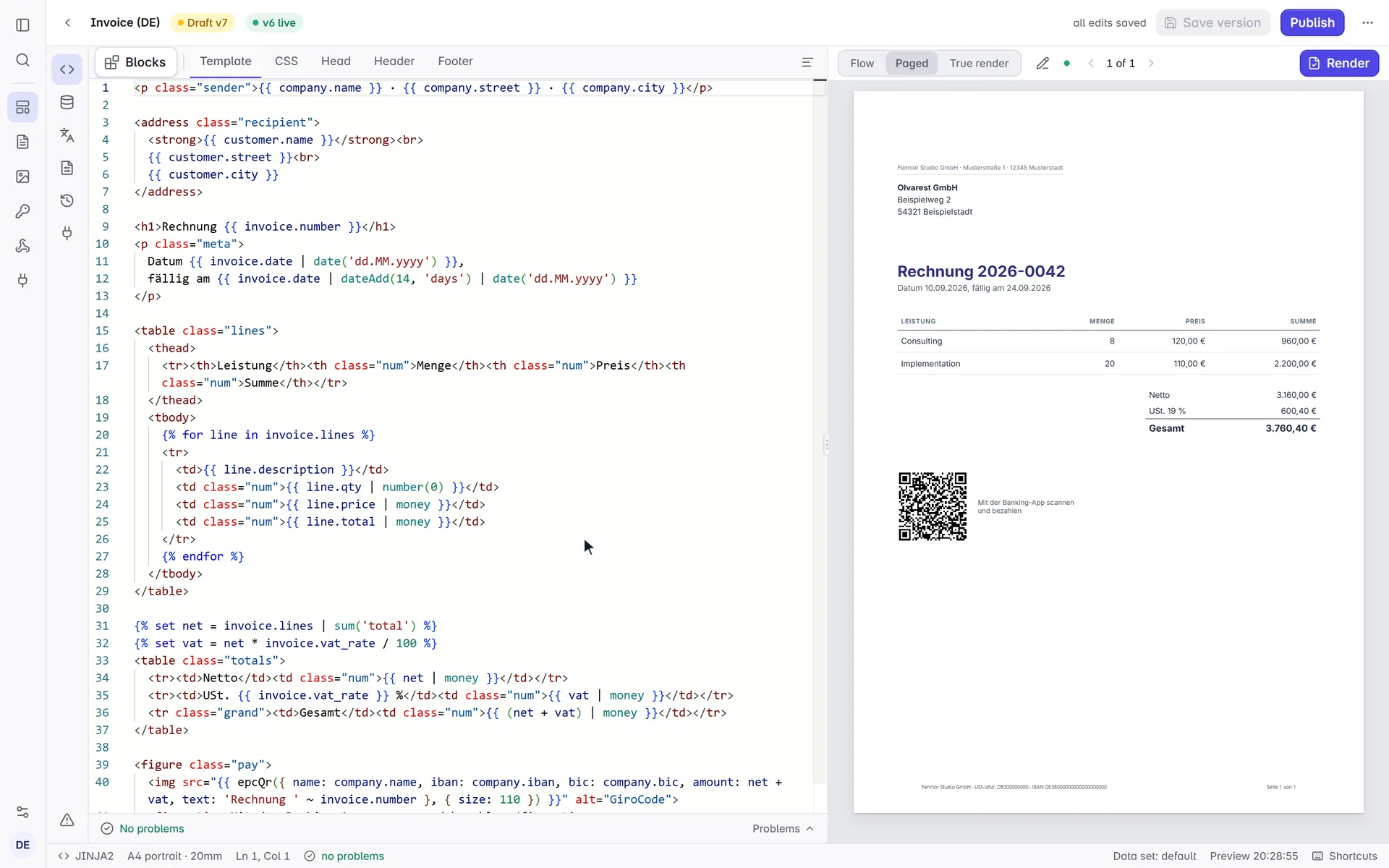 Video of the Formfeed editor: the invoice switches to a data set with 36 line items, the paged preview continues it on a second page that starts with the table’s header row again, and a click on Render returns the PDF with the same pages.