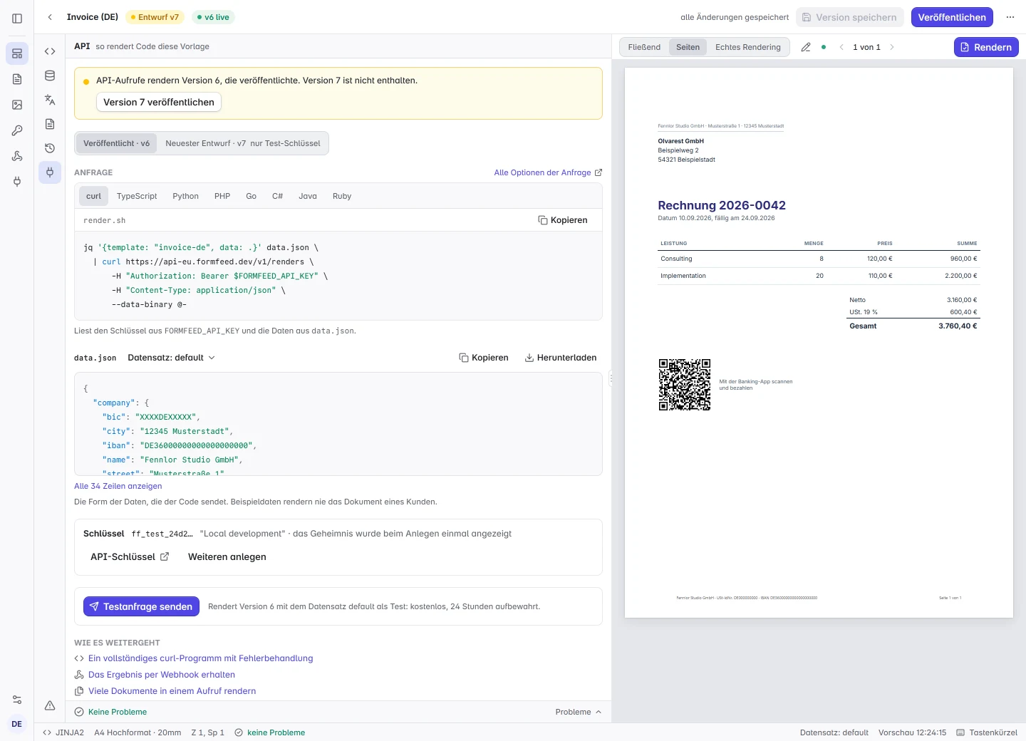 Der API-Tab einer Rechnungsvorlage: die Zeile, die sagt, welche Version ein Aufruf rendert, die Anfrage in curl mit Tabs für sieben weitere Sprachen, die Beispieldaten als data.json, ein Test-Schlüssel und die Schaltfläche „Testanfrage senden“, daneben die Vorschau.