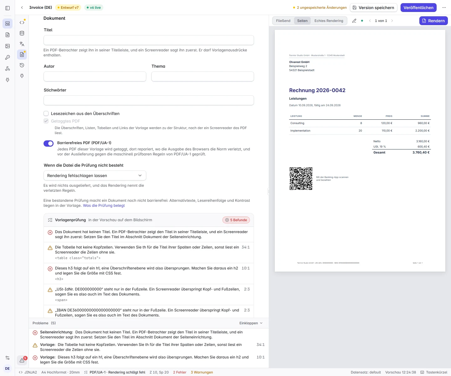 Die Seiteneinrichtung einer Rechnungsvorlage mit dem Abschnitt „Dokument“: „Barrierefreies PDF (PDF/UA-1)“ ist mit strenger Prüfung eingeschaltet, und die Karte der Vorlagenprüfung führt fünf Befunde auf, darunter ein fehlender Titel, eine übersprungene Überschriftenebene und zwei Texte, die nur in der Fußzeile der Seite stehen. Die Liste „Probleme“ darunter nennt jeden Befund mit seiner Stelle in der Vorlage, daneben die Seitenvorschau der Rechnung.