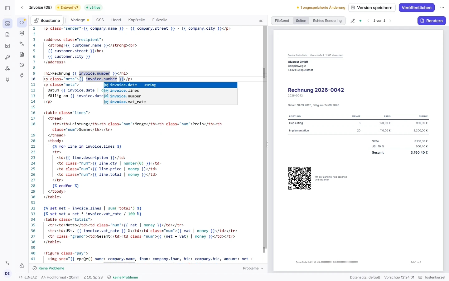 Der Formfeed-Vorlageneditor: Jinja2-Code links, Beispieldaten und eine paginierte A4-Rechnungsvorschau rechts.