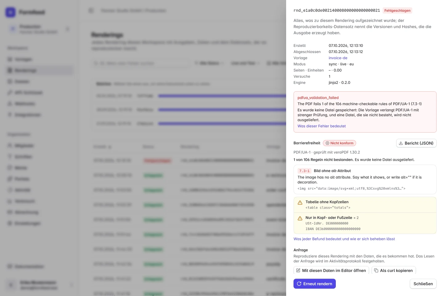 Ein fehlgeschlagenes Rendering im Render-Protokoll: der Fehler pdfua_validation_failed, das Urteil „Nicht konform“ mit dem Validator veraPDF, die verletzte Regel 7.3-1 mit dem, was zu ändern ist, und dem betroffenen Bild, dazu zwei Warnungen: eine Tabelle ohne Kopfzellen und zwei Texte, die nur in der Fußzeile stehen.