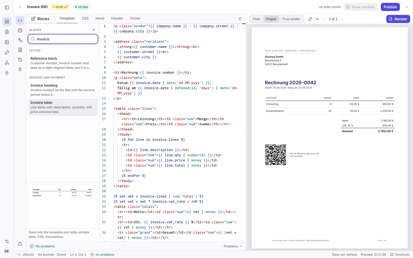 The editor’s Blocks panel with a searchable list of building blocks and a live preview of the selected block.