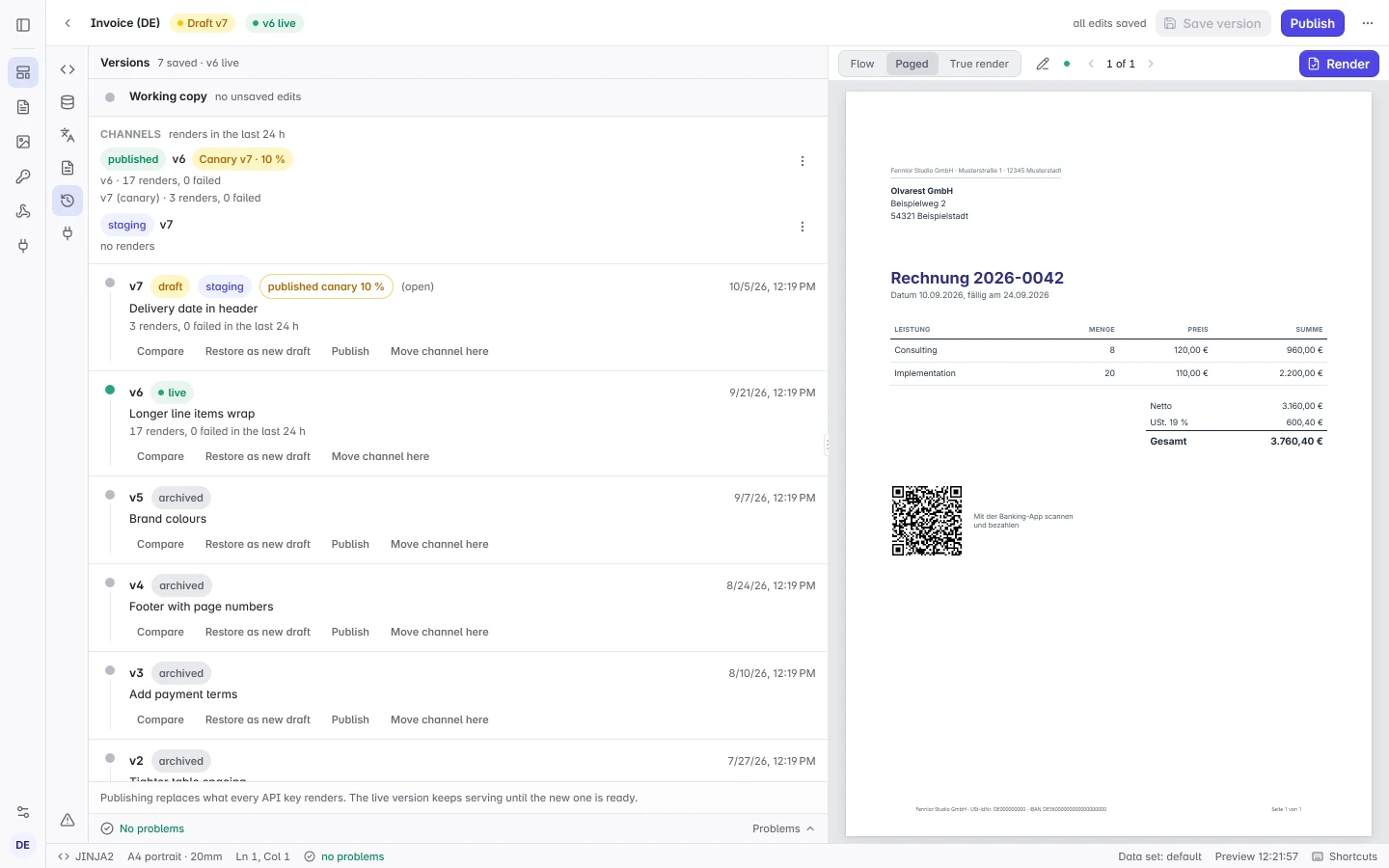The editor’s versions panel with the published and staging channels and a canary share.