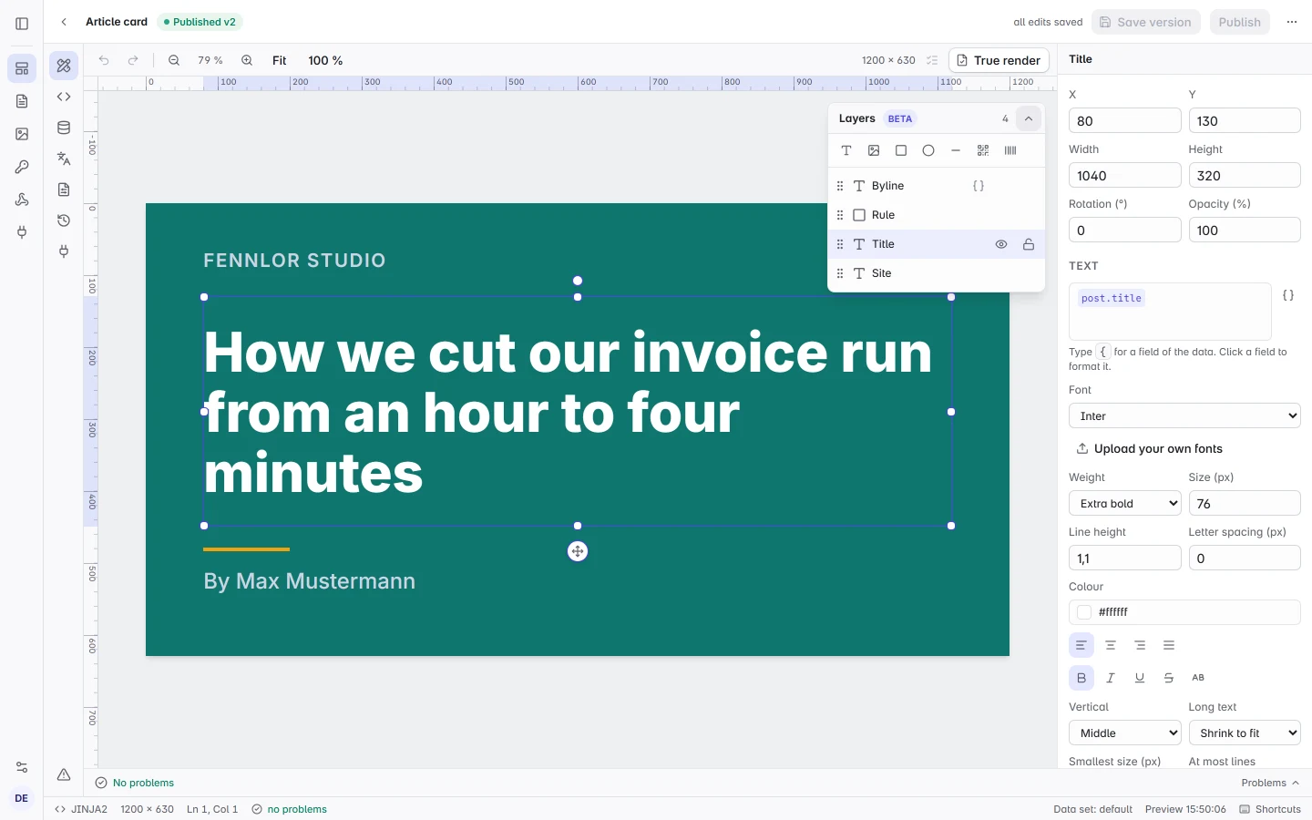 The visual editor with an article card on the canvas: the title layer is selected, bound to post.title and set to shrink to fit its box, with the layers list above and its settings on the right.