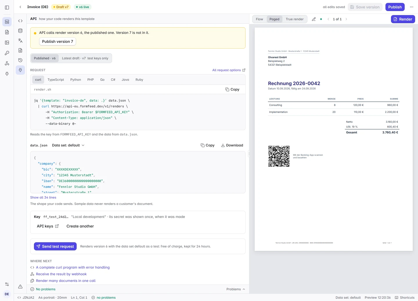 The API tab of an invoice template: the line that says which version a call renders, the request in curl with tabs for seven more languages, the sample data as data.json, a test key and the Send test request button, beside the preview.
