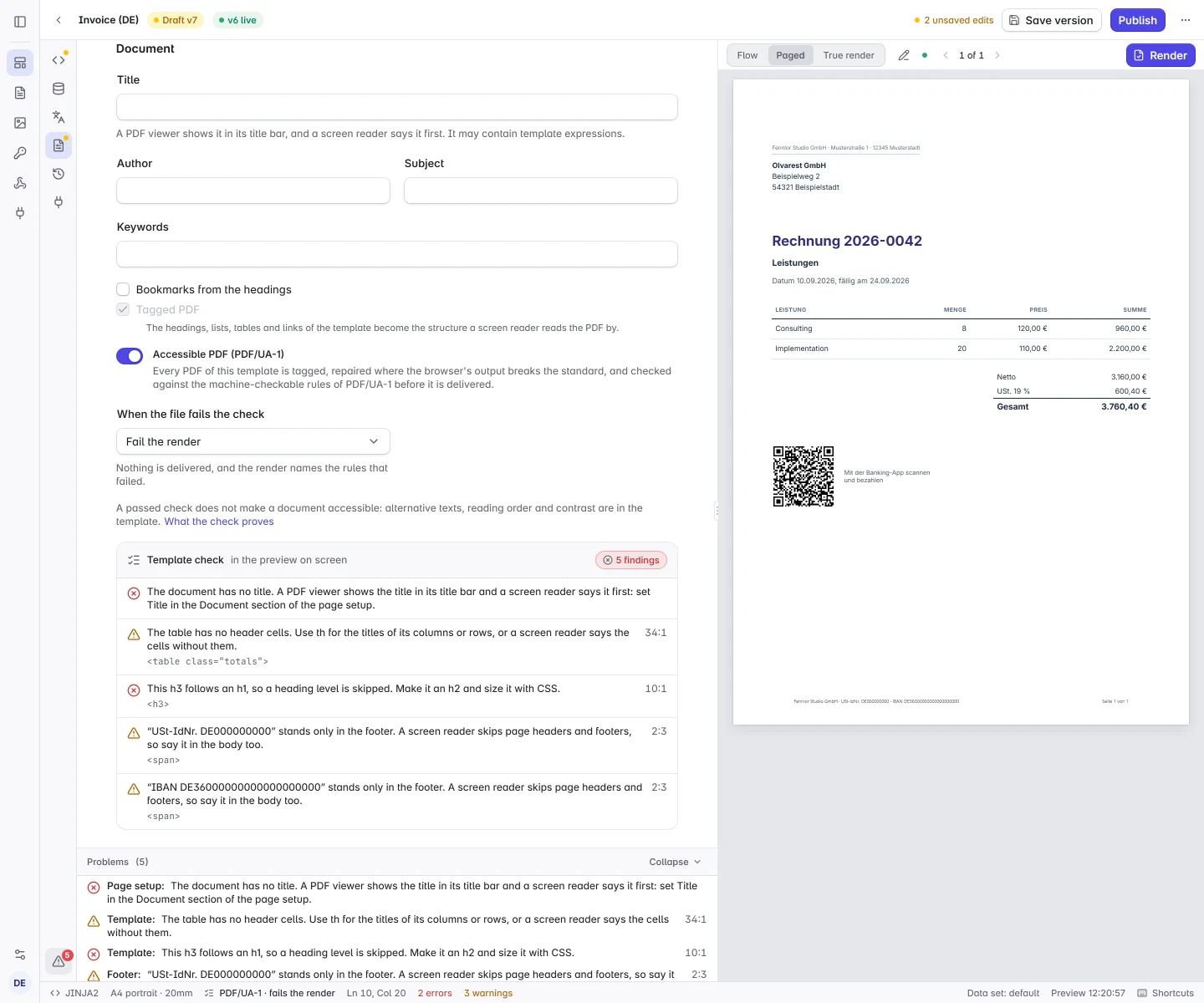 The page setup of an invoice template with its Document section: Accessible PDF (PDF/UA-1) is switched on with the strict check, and the template check’s card lists five findings, among them a missing title, a skipped heading level and two texts that stand only in the page footer. The Problems list below names each finding with its place in the template, beside the paged preview of the invoice.