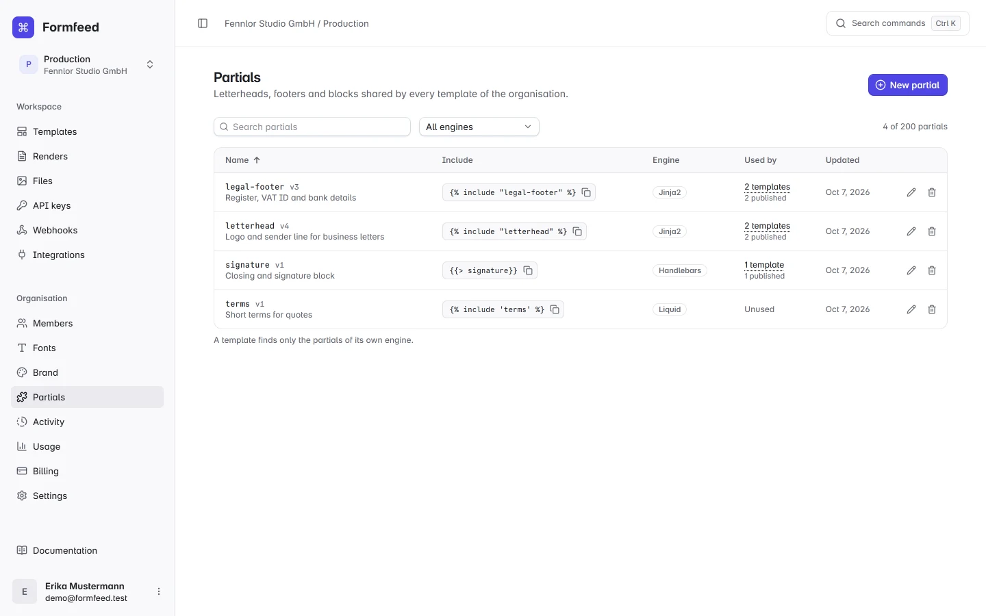 The shared partials page listing letterheads and footers with their engines and the templates that use them.