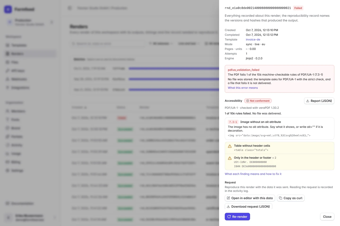 A failed render in the render log: the error pdfua_validation_failed, the verdict Not conformant with the validator veraPDF, the rule 7.3-1 that failed with what to change and the image it is about, and two warnings: a table without header cells and two texts that stand only in the footer.