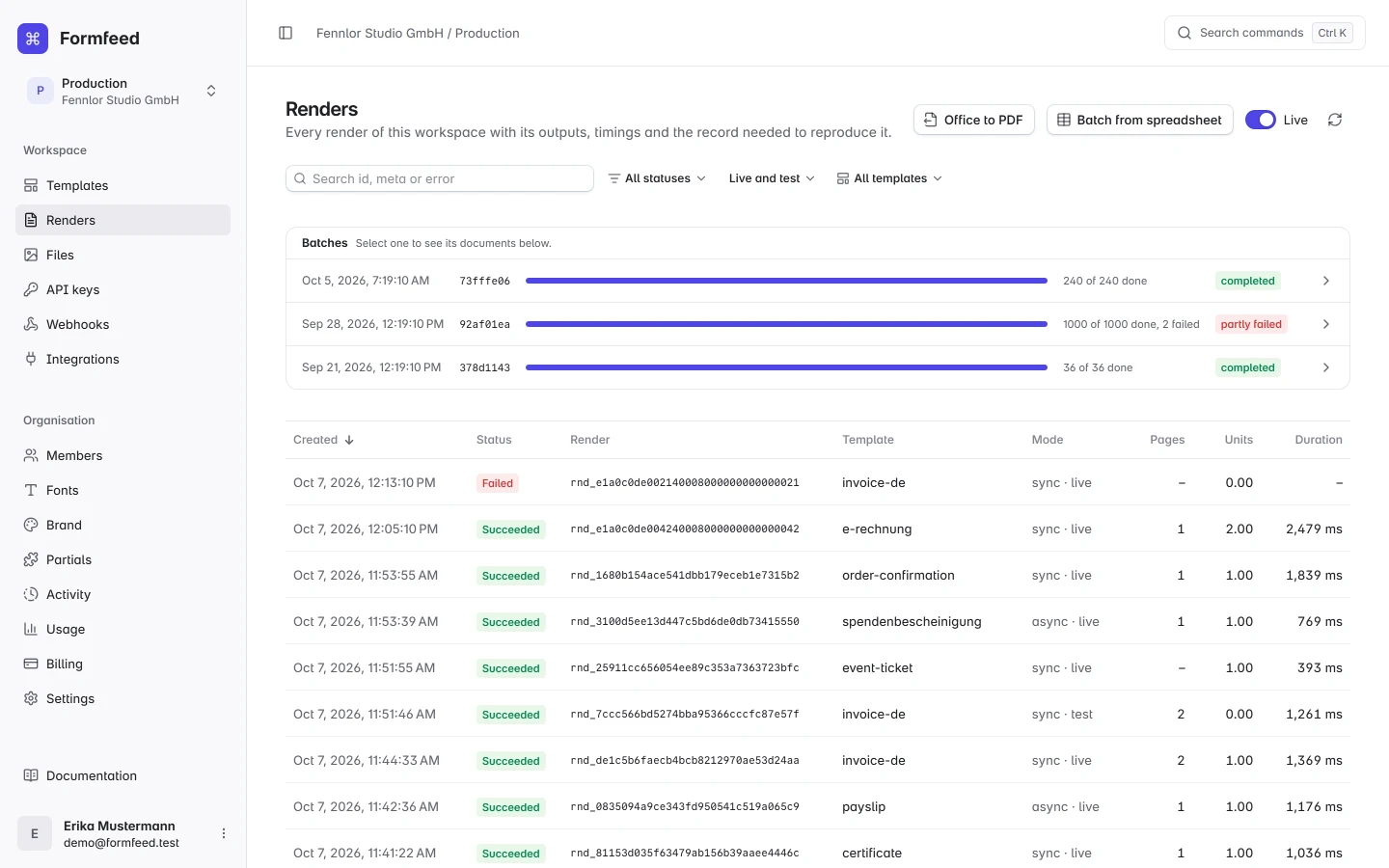The render log with status, template version, pages, units and duration of each render.