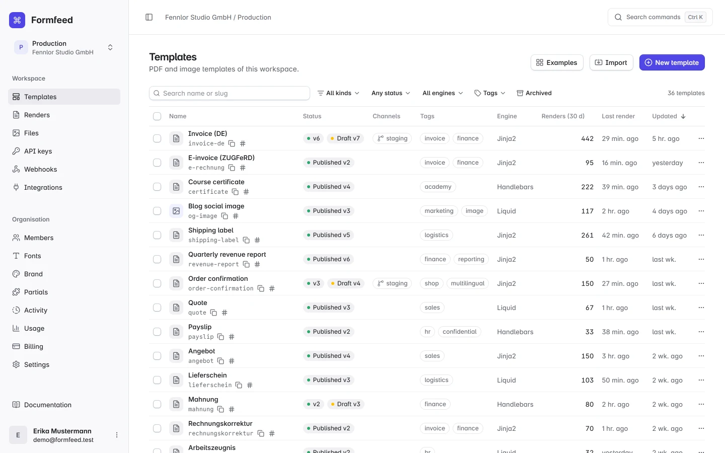 The templates list with engines, tags, published versions and the time of the last render.