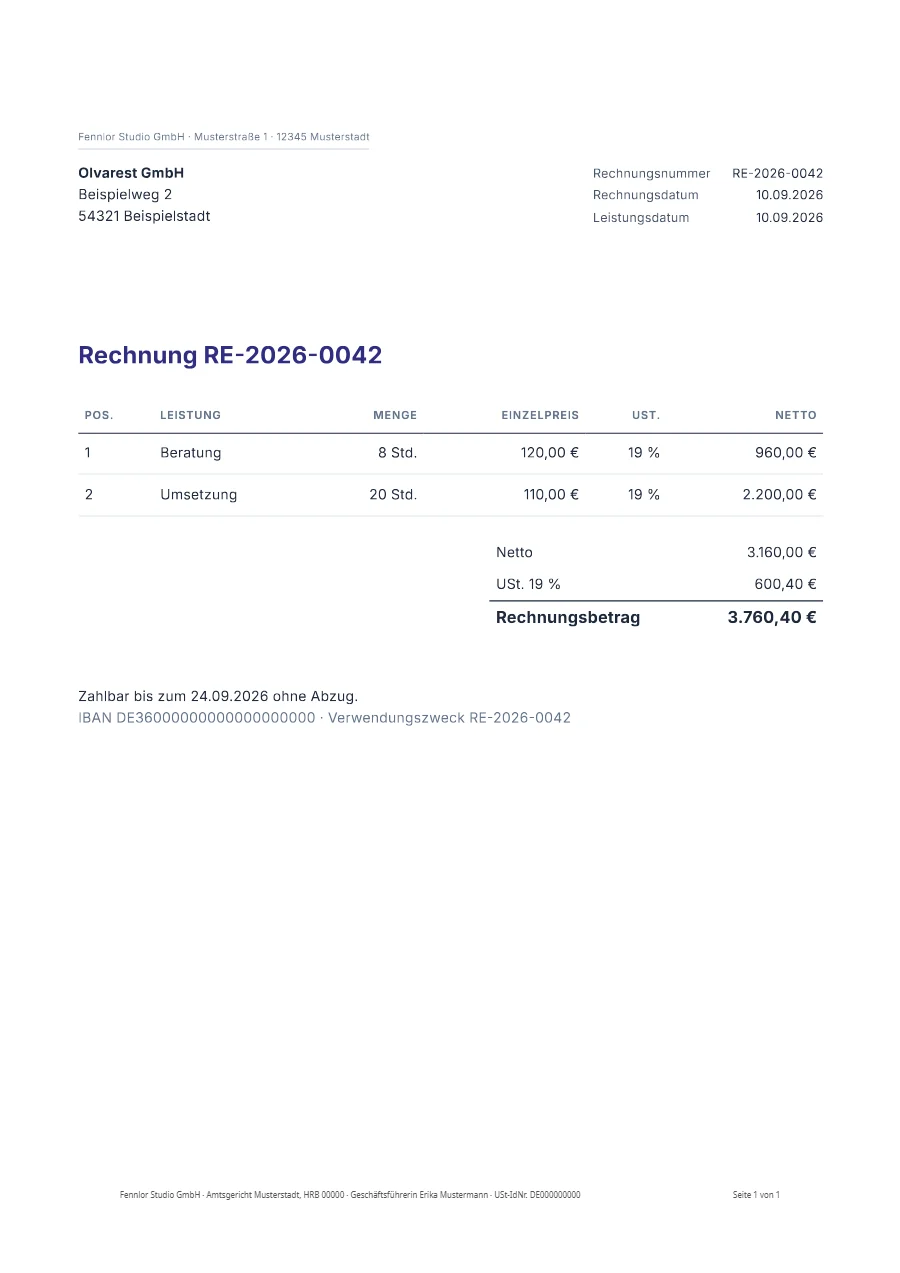 A German invoice for 3,760.40 €, rendered from a template