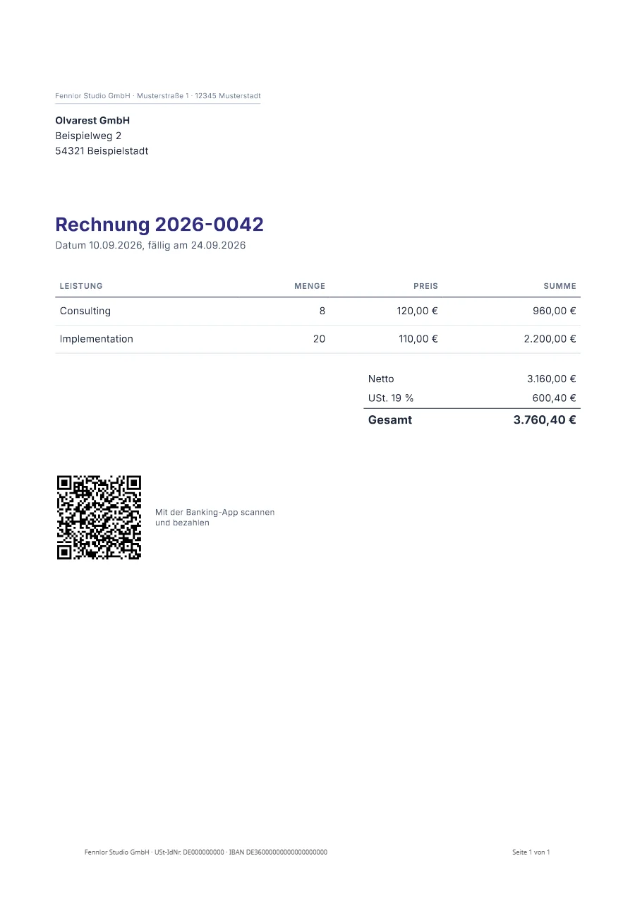 Rendered result: German invoice with GiroCode