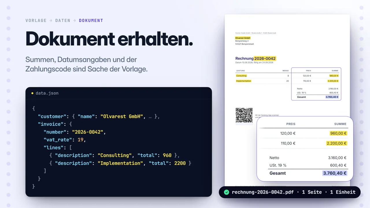 data.json neben der fertigen Rechnung; jeder Wert aus den Daten ist gelb markiert