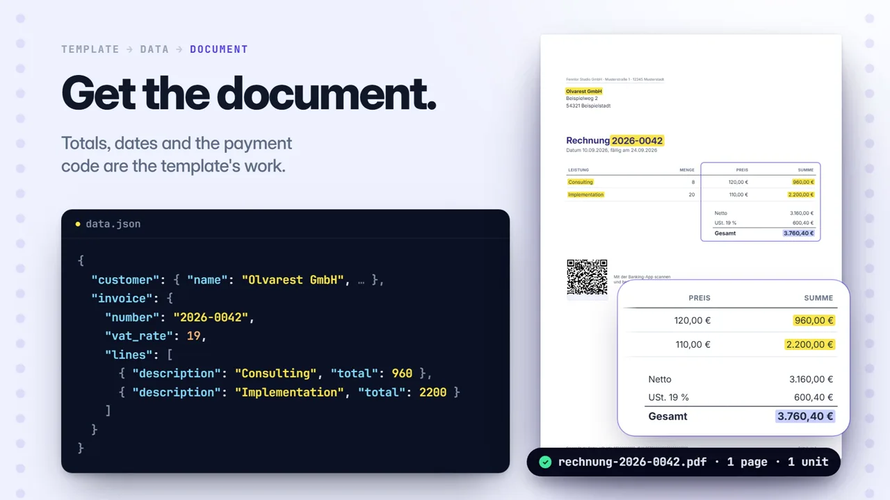 data.json beside the finished invoice; every value from the data is marked in yellow